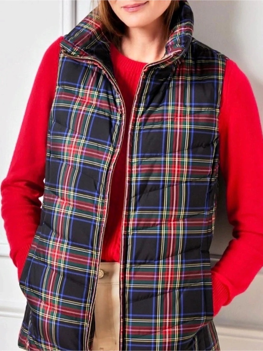 Talbots Plaid Down Puffer Vest Blue & Red Size 2X